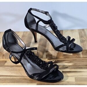 Antonio Melani Black Beaded T-Strap Heeled Sandals Size‎ 10M Leather Dressy